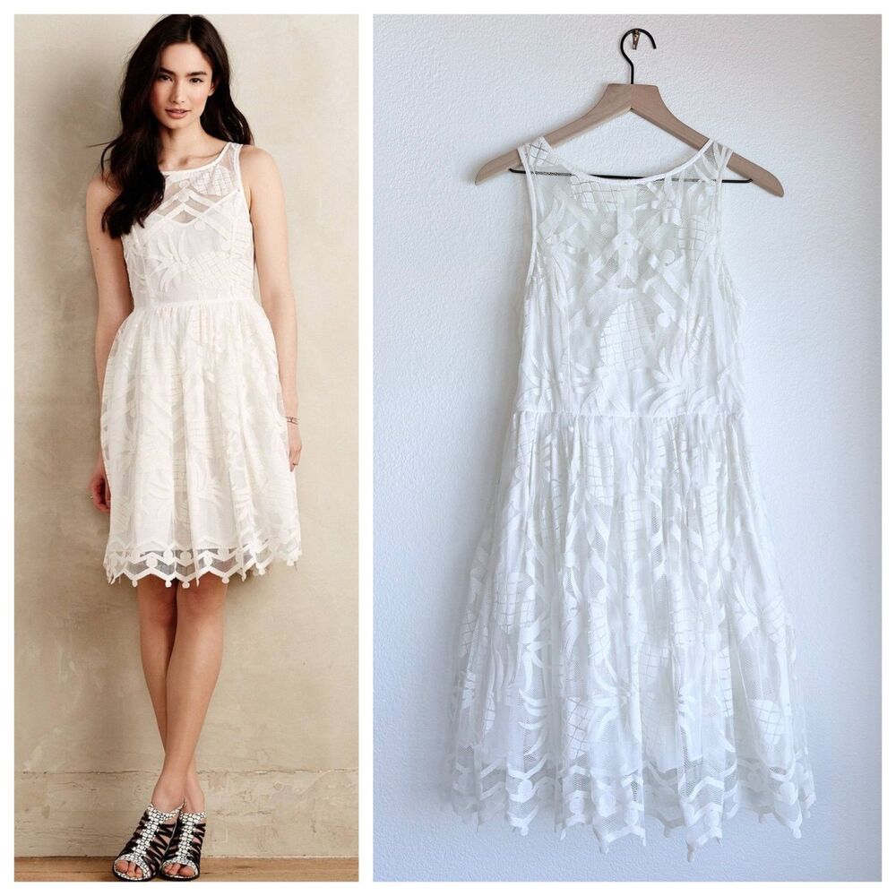 Anthropologie Maeve Pina White Pineapple Lace Fit Flare Dress Pockets Sz 8 EUC